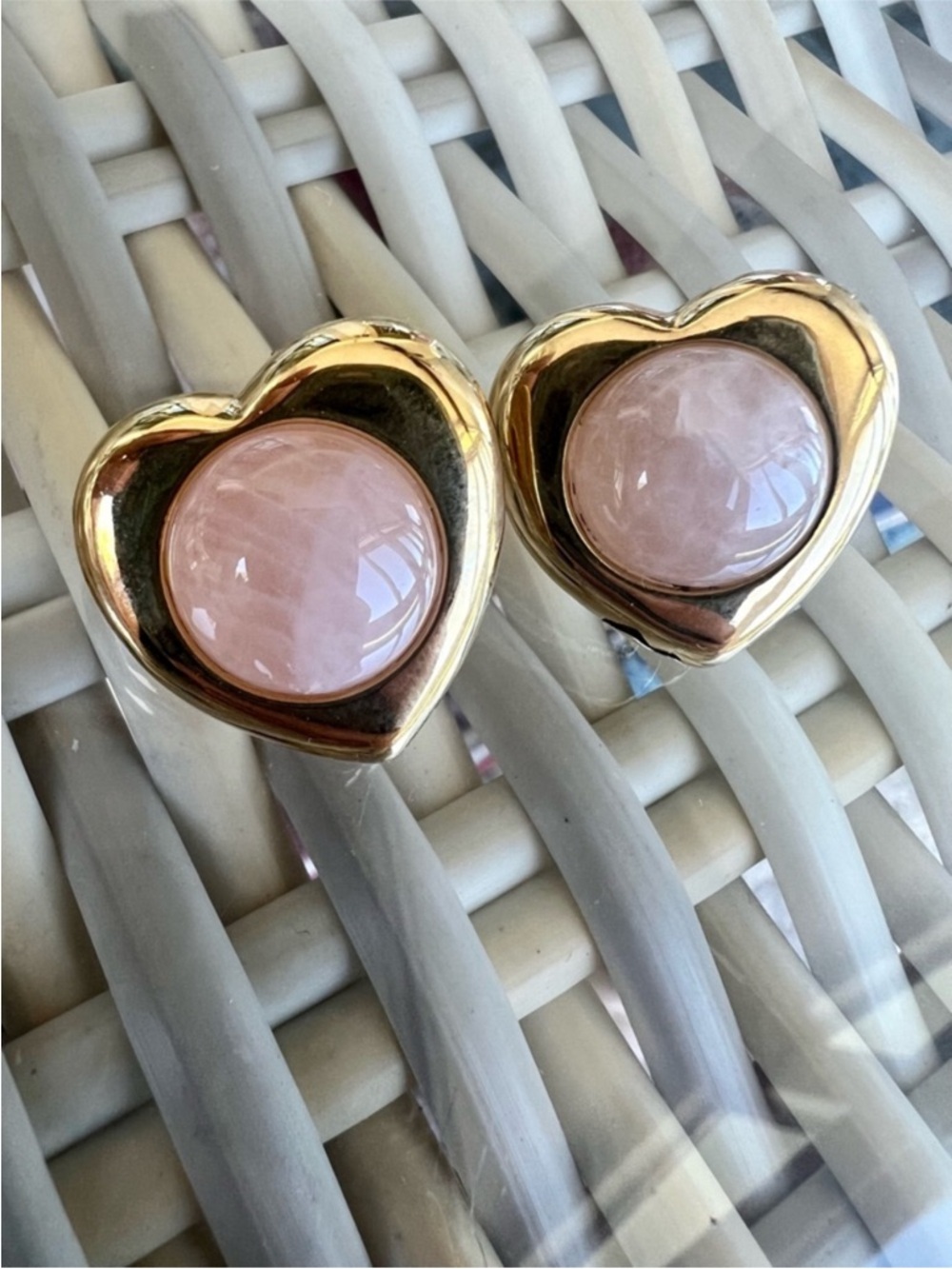 NEW Mayamar 24 Karat Gold Dipped Heart Earrings with real Pink Quartz Stone